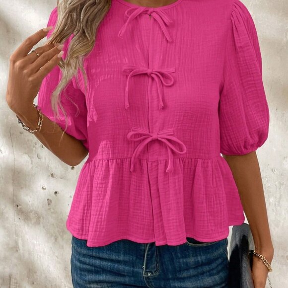 Hot Pink Cute Women's Tie Front Crop Top With Puff Sleeves & Ruffle Hem - Picture 3 of 6